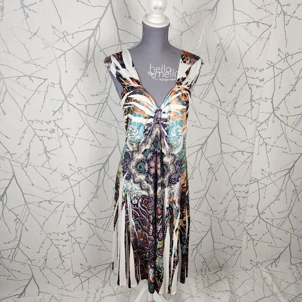 Reina Artsy Paisley Stretch Knit Scoop Back Y2K Midi Dress